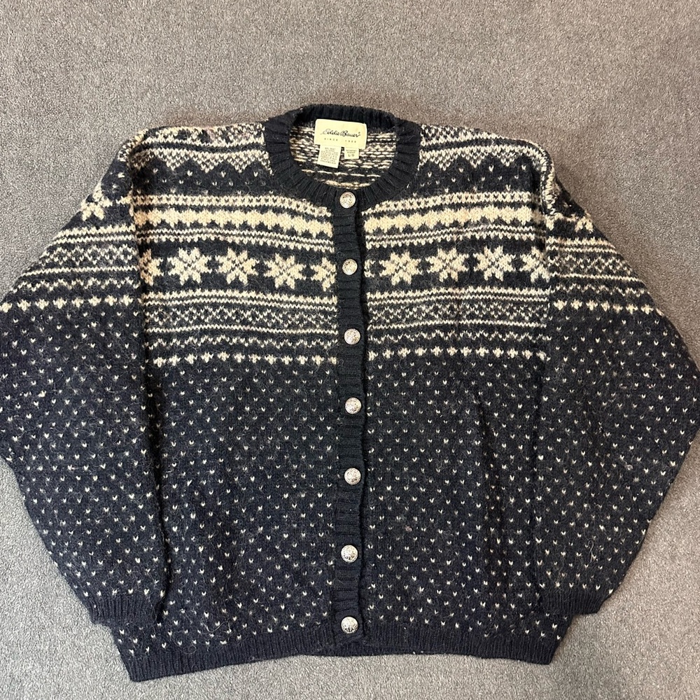 Eddie Bauer Fair Isle Wool Cardigan Knit Sweater Women’s Large VTG USA Blue